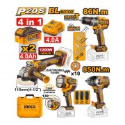 Ingco aku set (bus.86NM+brus.+udar. odvijač 850NM+Lampa) COSLI251192E 49017